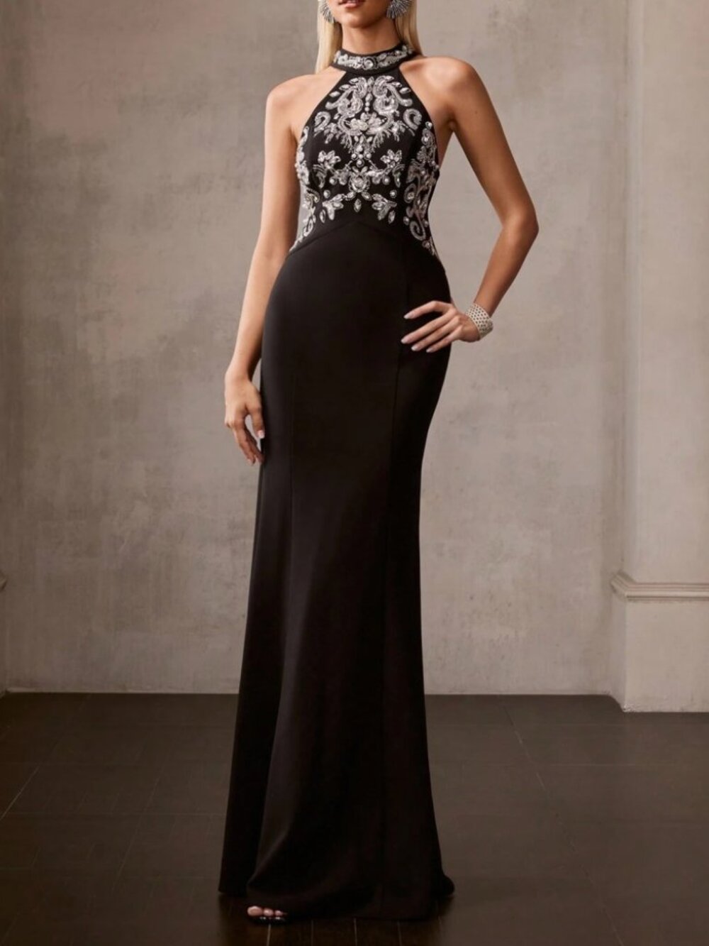Black Silver Beaded Halter Neck Mermaid Maxi Prom Dress Gown - Picture 2 of 7